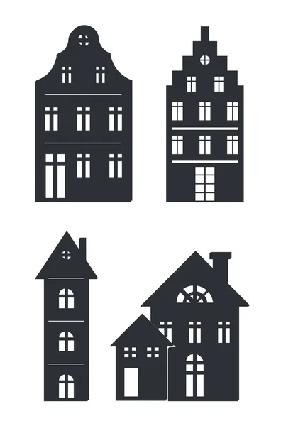 Silhuetas pretas de edifícios em fundo branco —  Vetores de Stock
