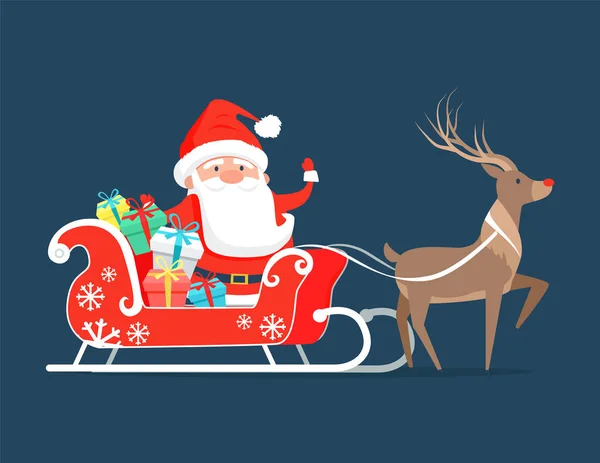 Santa Claus en trineo con renos y regalos — Vector de stock