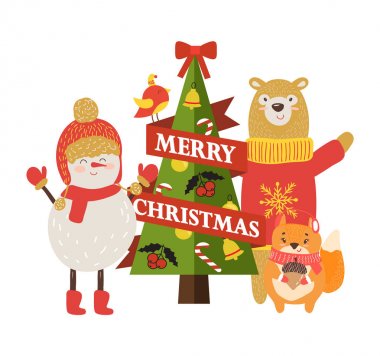 Çizgi film karakterleri ile neşeli Noel Kartpostalı