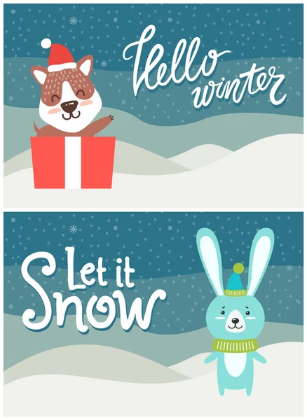 Hallo Let Winter it Snow Bright besneeuwde briefkaart — Stockvector