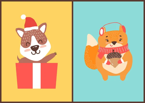 Teddybär mit Weihnachtsmann-Hut in Geschenkbox Eichhörnchen — Stockvektor