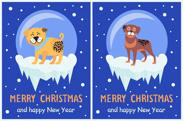 Feliz Navidad y Feliz Año Nuevo Banners Cachorros — Vector de stock