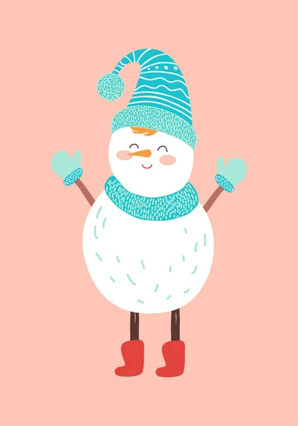 Sorrindo boneco de neve em azul de malha chapéu de cachecol Mittens — Vetor de Stock