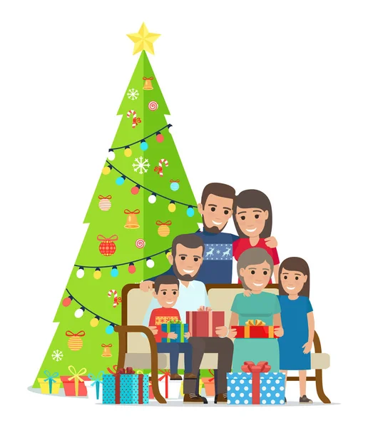 Stor familj samlades nära julgran med gåvor — Stock vektor