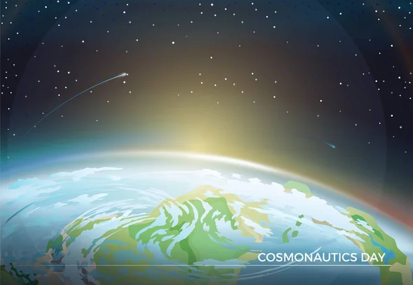 Manifesto tematico della Giornata della Cosmonautica con parte della Terra — Vettoriale Stock