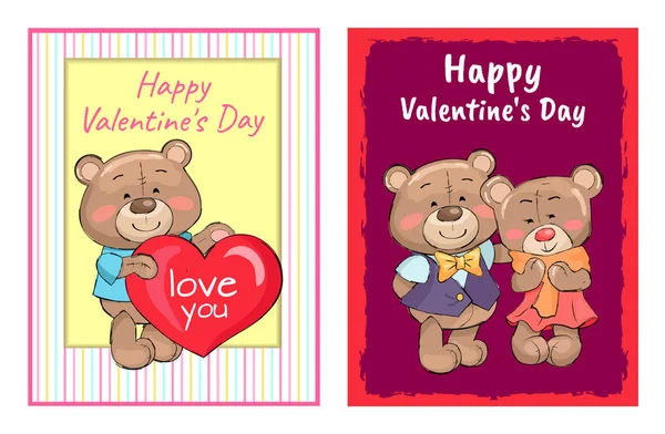 Happy Valentines Day Poster Bear Holding Red Heart — Stock Vector