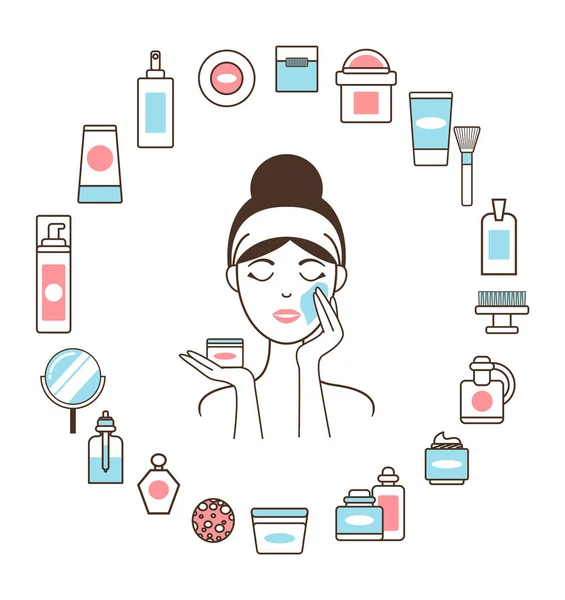 Vrouw in hoofdband binnen cirkel van cosmetische middelen — Stockvector