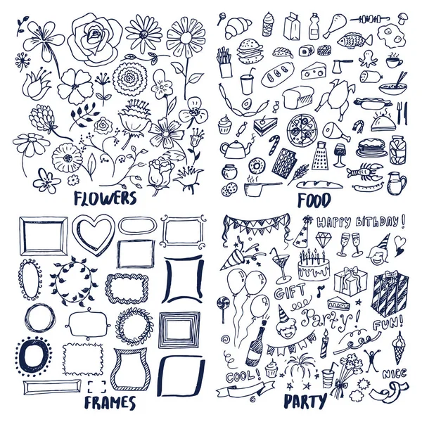 Food Frames Flowers Party Set of Cute Sketches - Stok Vektor