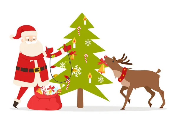 Santa Claus y grandes renos decoran abeto — Vector de stock