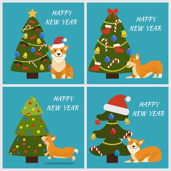 Mutlu yeni yıl ağacı ve köpek vektör çizim — Stok Vektör