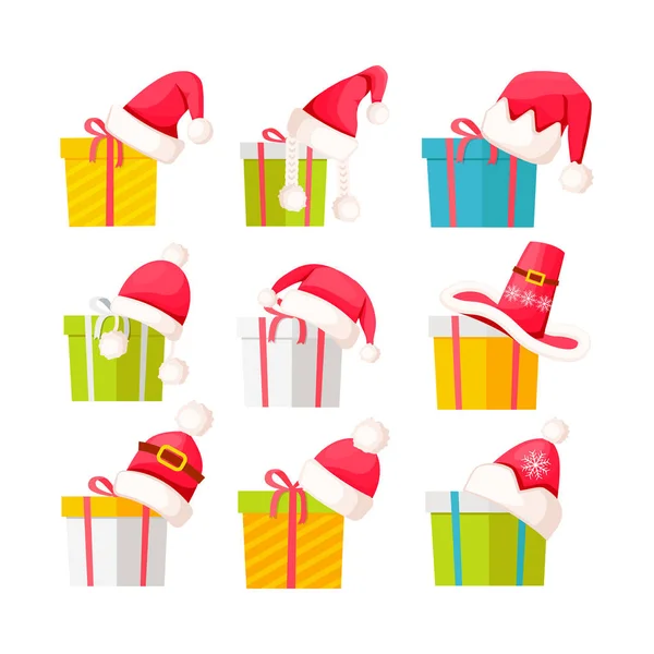 Ensemble de coffrets cadeaux avec casquettes du Père Noël sur blanc — Image vectorielle