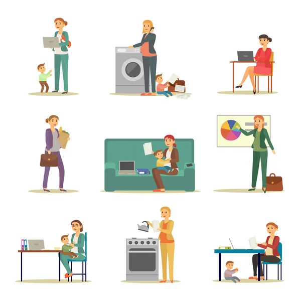 Successful Businesswoman and Excellent Mother Set — Stock Vector