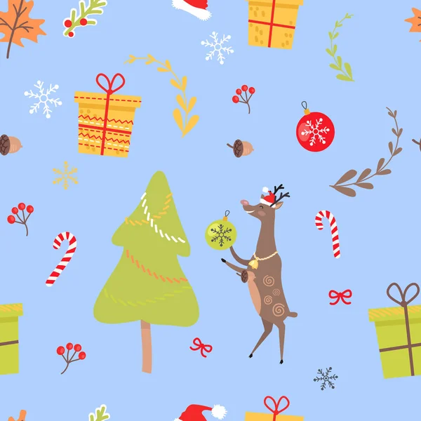 Patrón sin costura con renos, caramelos de Navidad — Vector de stock