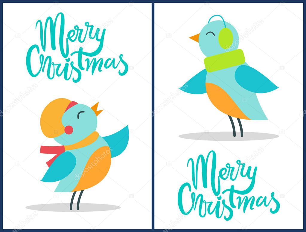 Marry Christmas Birds Set Vector Illustration