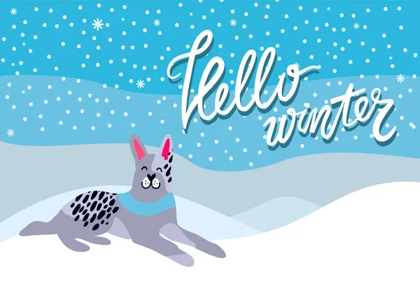 Hallo Winter Poster met gevlekte grijze hond kraag — Stockvector