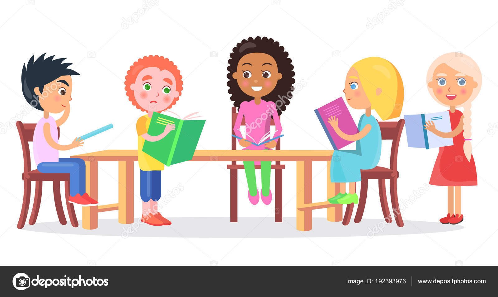 Schoolchildren Sitting At Desk And Reading Books Stock Vector