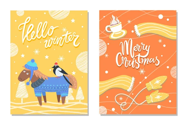 Boldog karácsonyt-téli képeslapok szamár és ruhával — Stock Vector