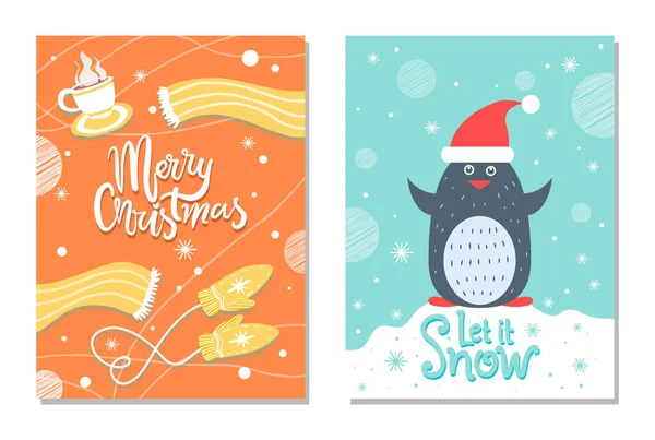 Merry Christmas Winter Postcard Warm Cloth Penguin — Stock Vector