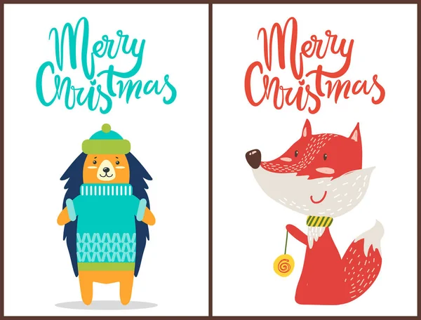 Buon Natale Riccio, Fox Vector Illustrazione — Vettoriale Stock