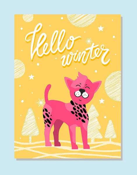 Hallo Winter Poster met gevlekte roze hond symbool — Stockvector