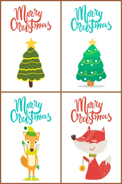 Feliz Navidad árboles y Fox Vector Ilustración — Vector de stock