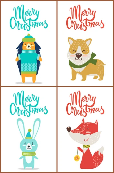 Feliz Natal conjunto de cartazes com animais engraçados —  Vetores de Stock