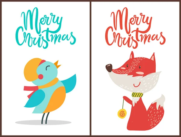Feliz Navidad pájaro y Fox Vector ilustración — Vector de stock