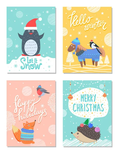 Deixe-o Snow Hello Winter 60s Cartão postal colorido — Vetor de Stock