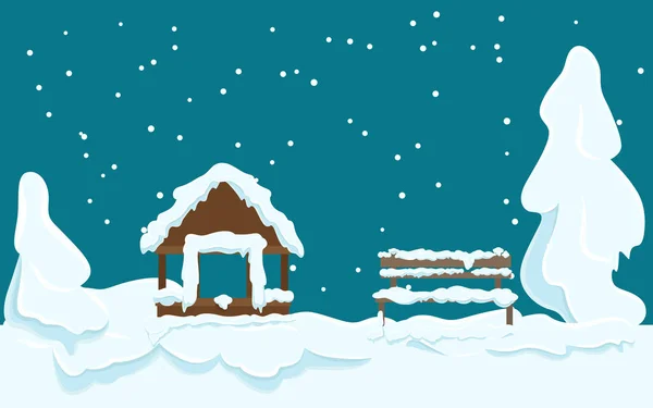 Huis tuin en houten bankje bedekt met sneeuw — Stockvector