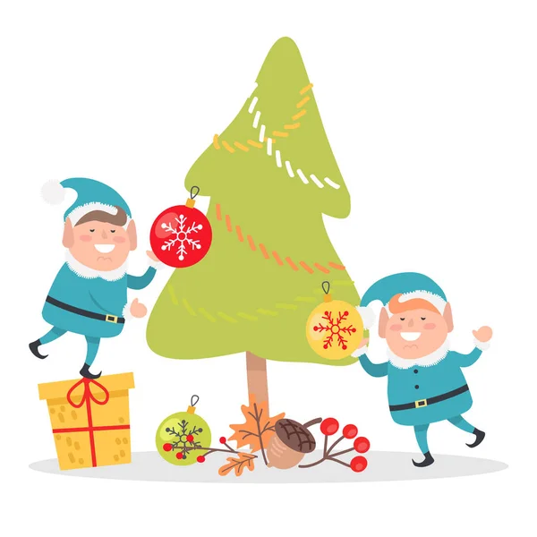 Elfos en Trajes de Santa Azul Decora Árbol de Navidad — Vector de stock