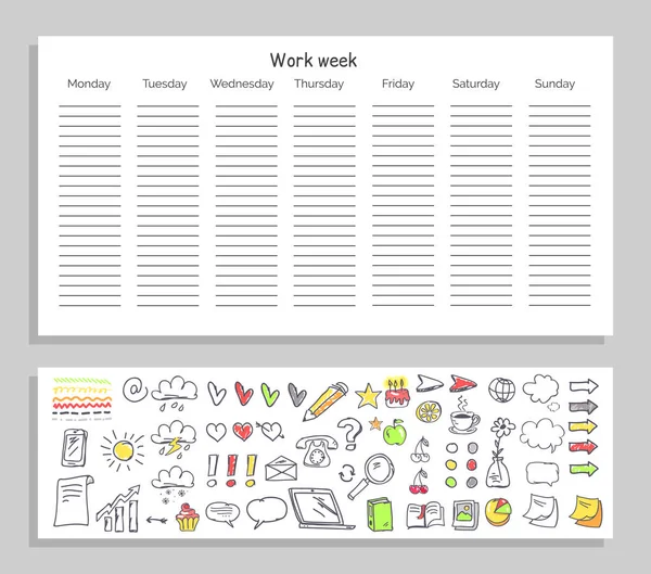 Arbeitswoche Tagesplan und Icons Vektor Illustration — Stockvektor