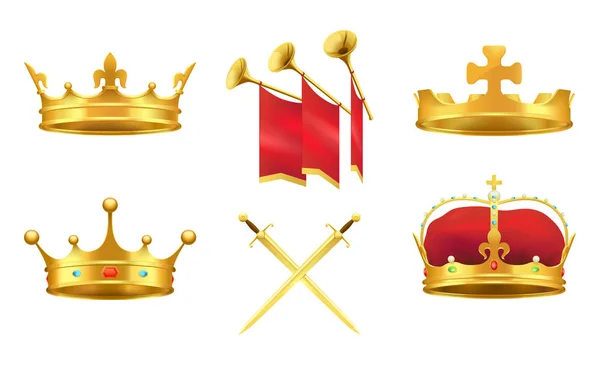 Gold Kings średniowiecznych atrybutów ilustracje zestaw — Wektor stockowy