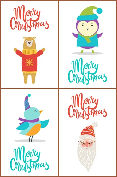Feliz Navidad oso y pájaro Vector ilustración — Vector de stock