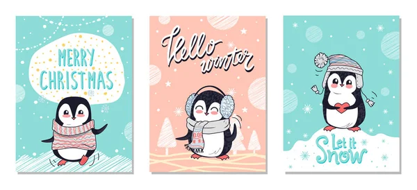 Boldog karácsonyt üdvözlőkártyák pingvinek készlet — Stock Vector