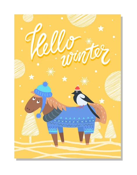 Feliz Natal cartão de saudação com burro cavalo pássaro —  Vetores de Stock
