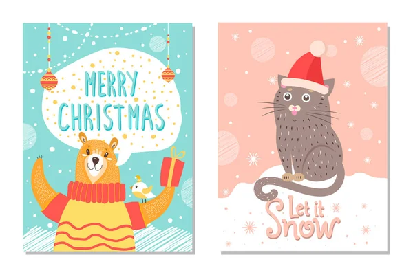 Laat het sneeuw Poster met Bear Gift Box kat in hoed — Stockvector