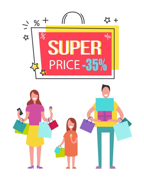 Super Preço com 35 Off Banner com família feliz —  Vetores de Stock