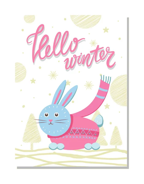 안녕하세요 토끼 핑크 스웨터에 가진 겨울 엽서 — 스톡 벡터