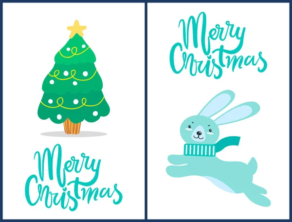 Feliz conejo de Navidad, árbol vectorial ilustración — Vector de stock