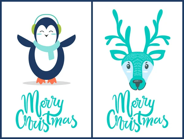 Feliz Navidad Pingüino, Venado Vector Ilustración — Vector de stock