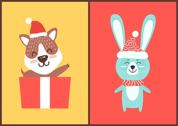 Teddy Bear and Rabbit in Santa Hats Christmas Card — Stock Vector