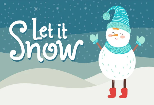 Laissez-le neige carte de voeux bonhomme de neige souriant en écharpe tricotée — Image vectorielle