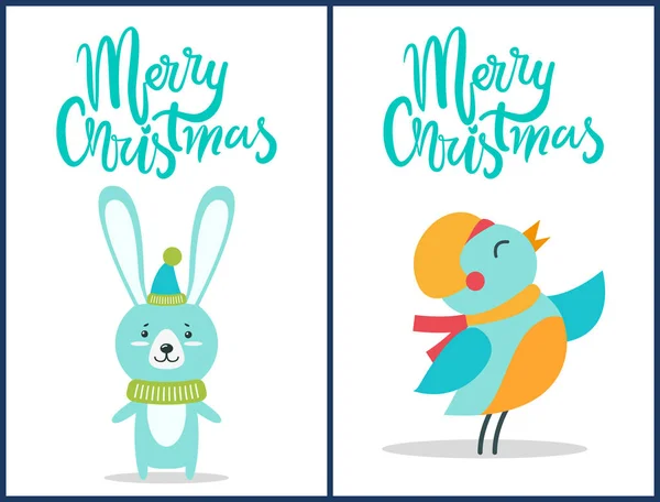 Feliz Navidad pájaro y conejito Vector ilustración — Vector de stock