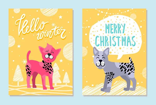 Witam, zima i wesołe kartki świąteczne z psami — Wektor stockowy