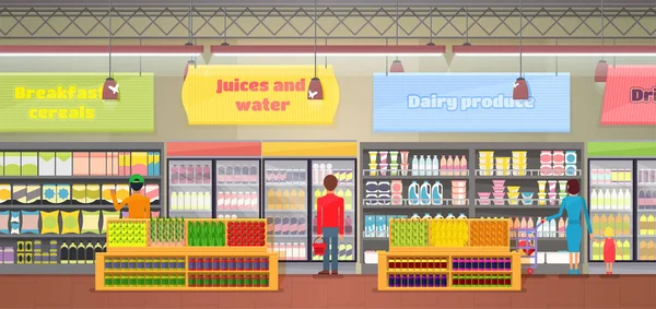 Supermercado Interior, Pessoas Vector Ilustração — Vetor de Stock