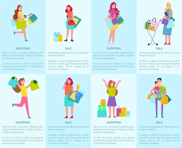 Shopping en verkoop van Posters met Shoppers — Stockvector