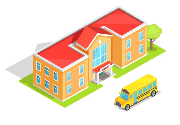 Scuola arancione a due piani scuola e autobus giallo — Vettoriale Stock