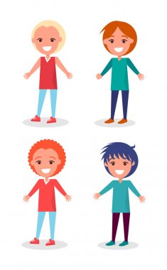 Gülümseyen okul öncesi çocuklar giysileri ve saç modelleri