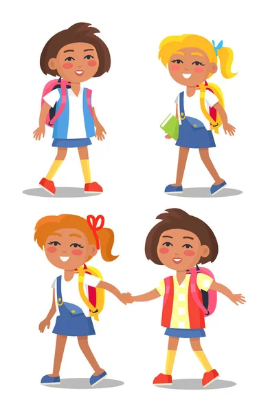 Set of Schoolgirls First Year Pupil with Backpacks — Stock Vector