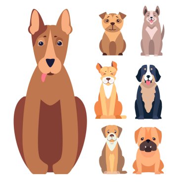 Şirin safkan köpekler düz vektörel çizimler Icons Set çizgi film